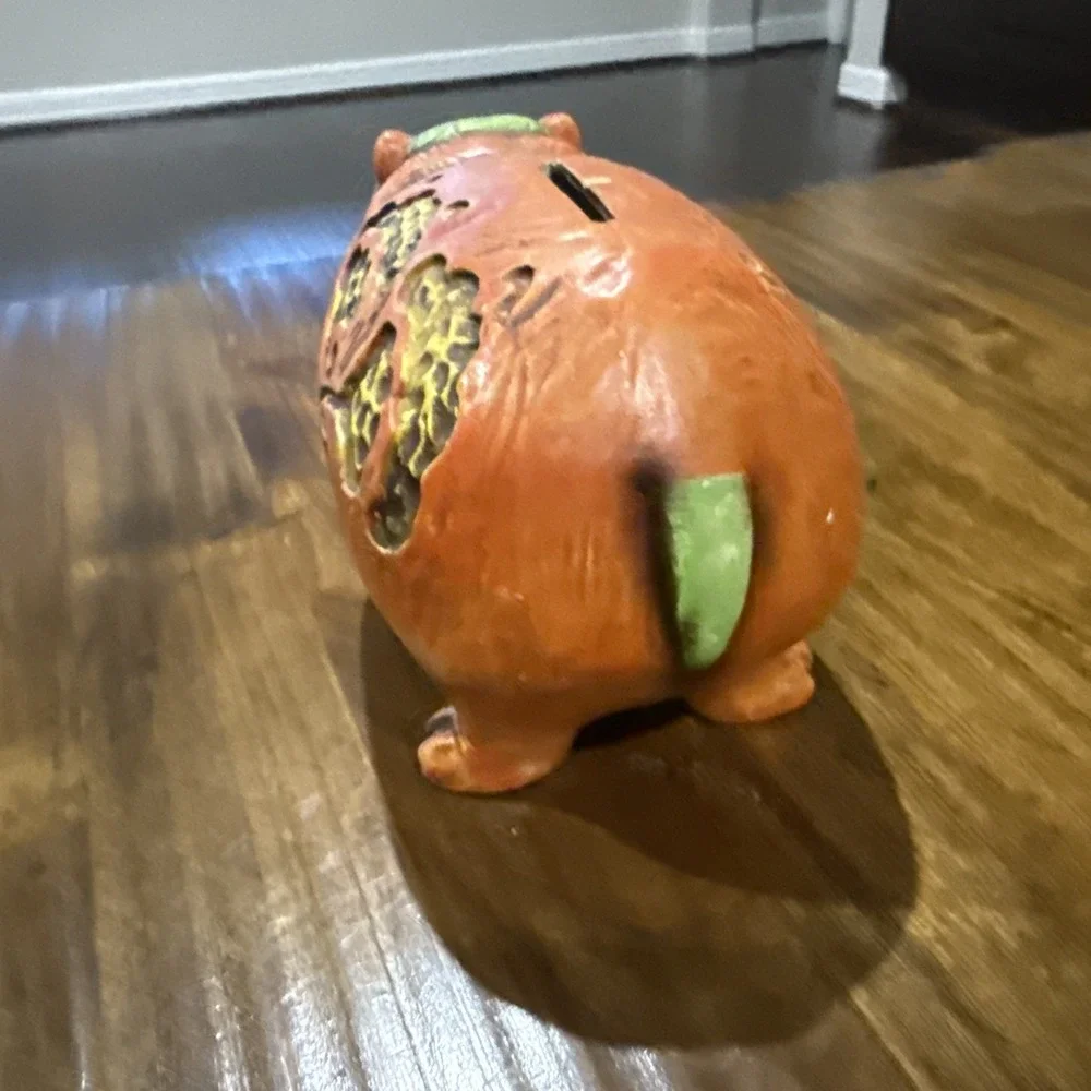 Vintage 70's Kitschy Boho Orange Floral Ceramic Bank Hippopotamus House Hippo